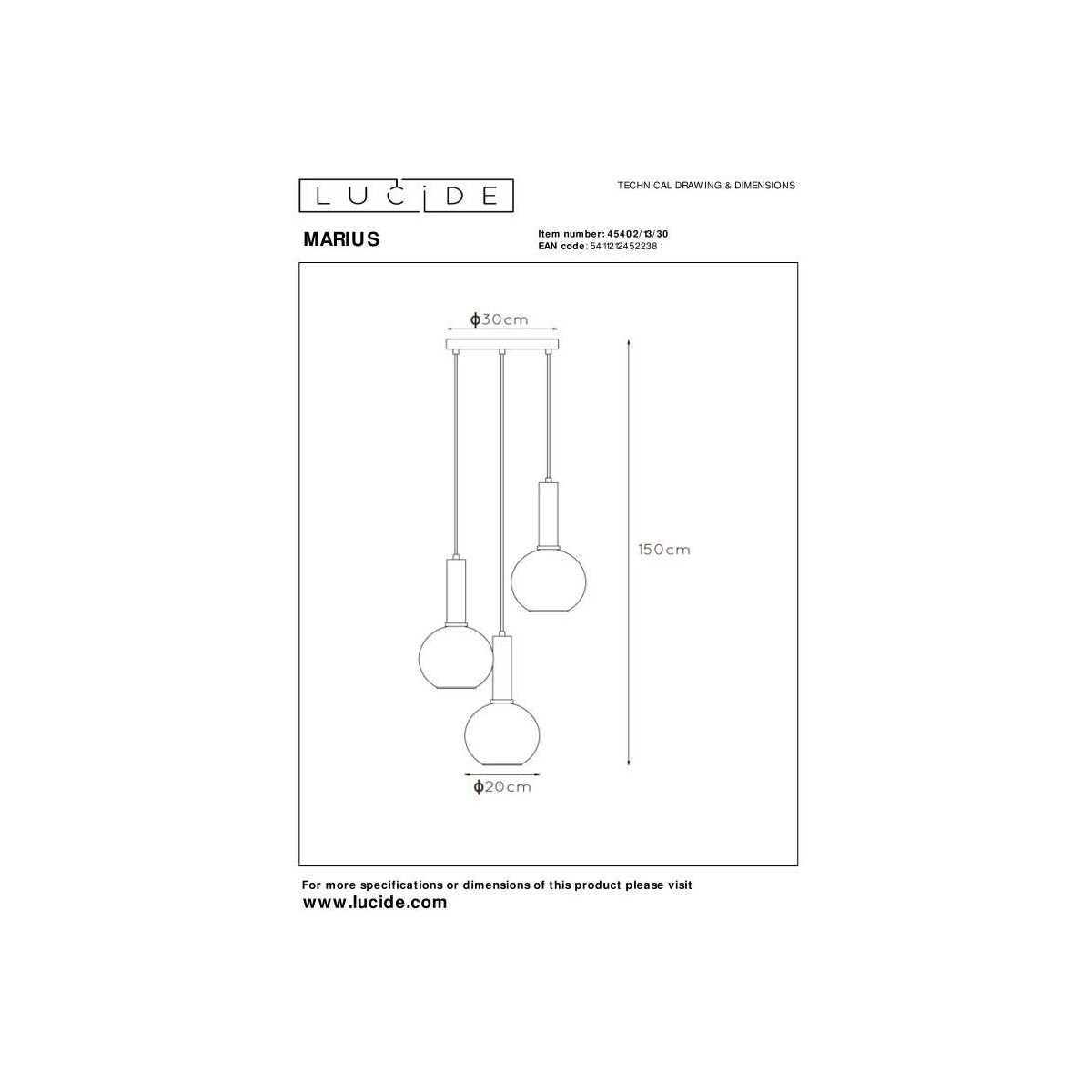Lucide 45402/13/30 MARIUS - Lampa wisząca - 48.5 cm - 3xE27 - Czarny