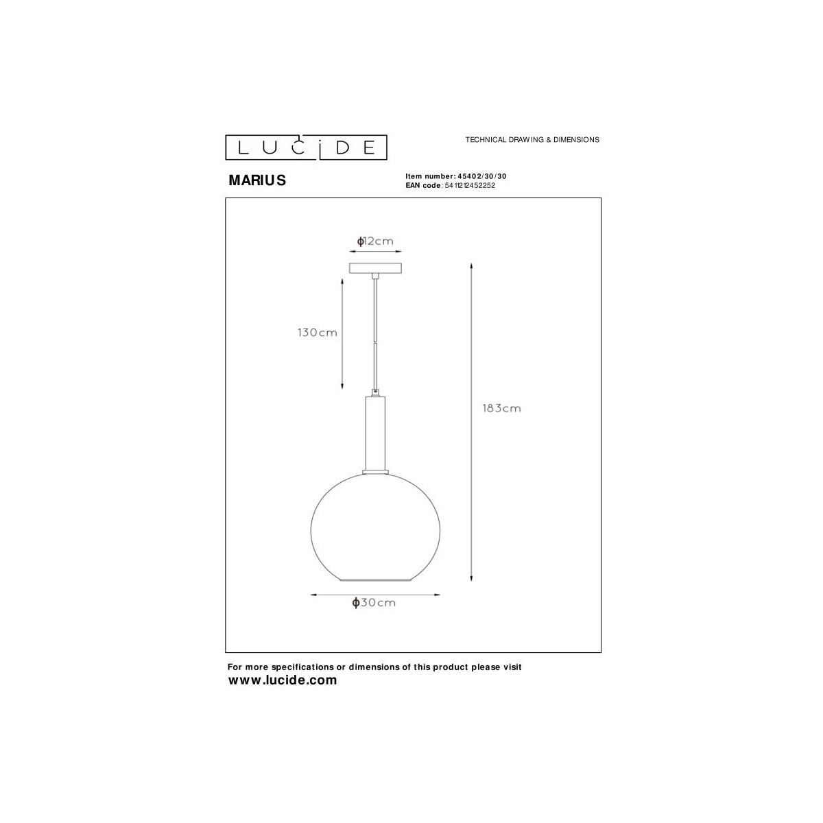 Lucide 45402/30/30 MARIUS - Lampa wisząca - 30 cm - 1xE27 - Czarny
