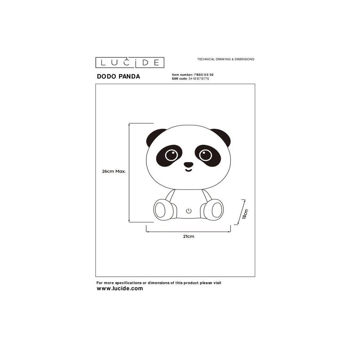 Lucide 71593/03/30 DODO PANDA - Lampa stołowa dziecięca - LED 3 StepDim - 1x3W 4000K - Czarna
