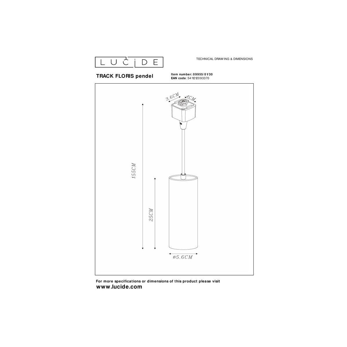 Lucide 09955/01/30 Lampa wisząca TRACK FLORIS - 1-obwodowa System oświetlenia szynowego - 1xGU10 - Czarny (przedłużacz)