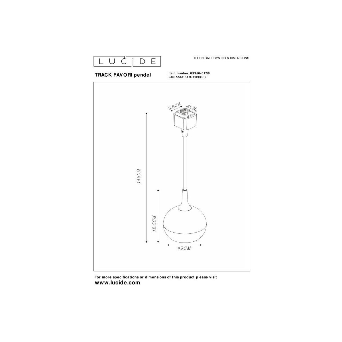 Lucide 09956/01/30 Oświetlenie wiszące TRACK FAVORI 1-obwodowe - 1xGU10 - czarne (przedłużenie)