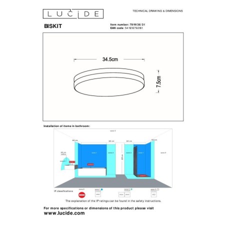 Lucide 79111/36/31 BISKIT - Lampa sufitowa łazienkowa wpuszczana - 34.5 cm - LED - 1x24W 2700K - IP44 - Czujnik ruchu - Biała