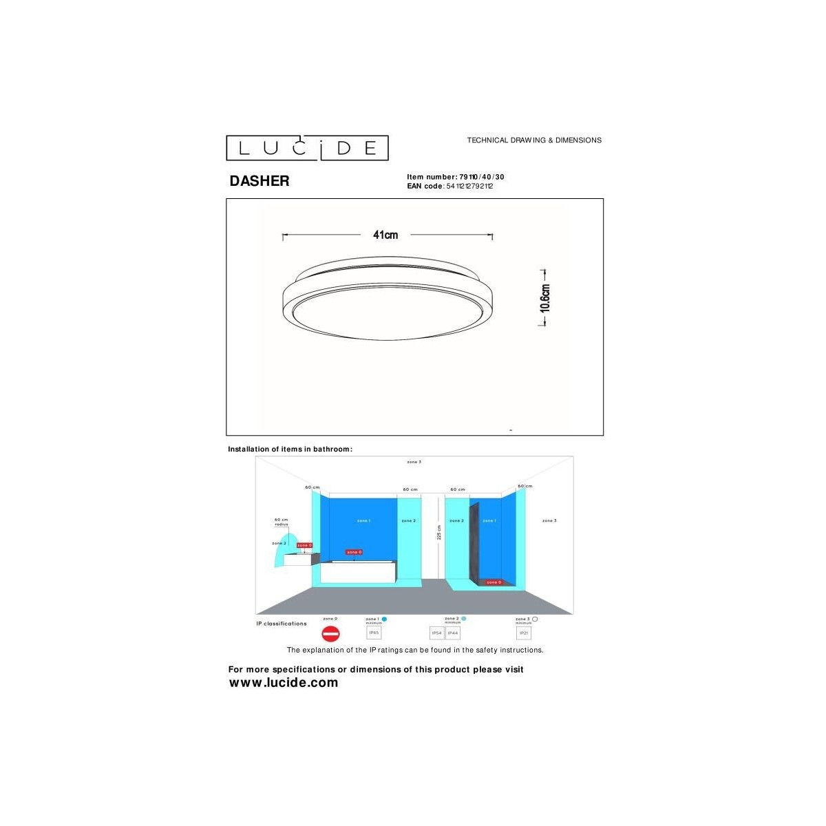 Lucide 79110/40/30 DASHER - Lampa sufitowa łazienkowa wpuszczana - 41 cm - LED - 1x24W 2700K - IP44 - Czujnik ruchu - Czarny