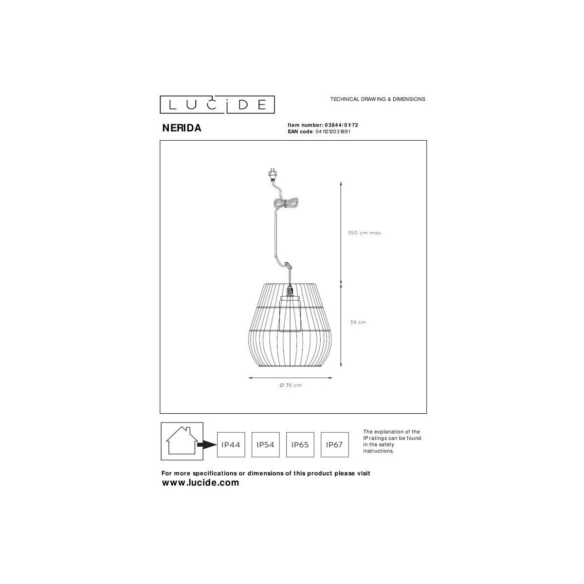 Lucide 03844/01/72 NERIDA - Lampa wisząca do wewnątrz i na zewnątrz - 35 cm - 1xE27 - IP44 - Naturalna