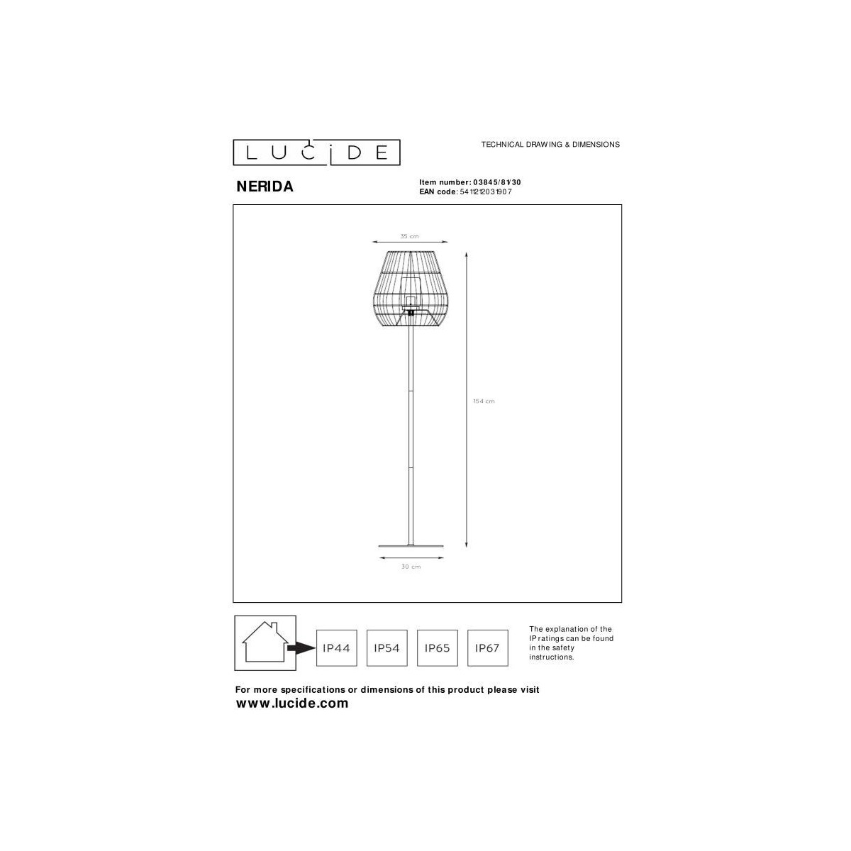 Lucide 03845/81/30 NERIDA - Lampa podłogowa do wewnątrz i na zewnątrz - 35 cm - 1xE27 - IP44 - Czarna