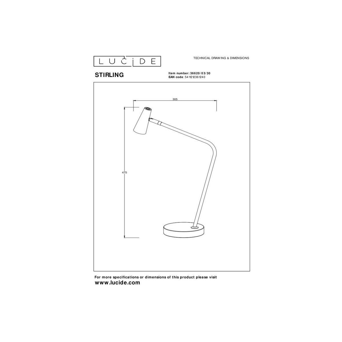 Lucide 36620/03/30 STIRLING - Lampa biurkowa akumulatorowa - Akumulator - LED 3-stopniowa regulacja przyciemniania - 1x3W 270…