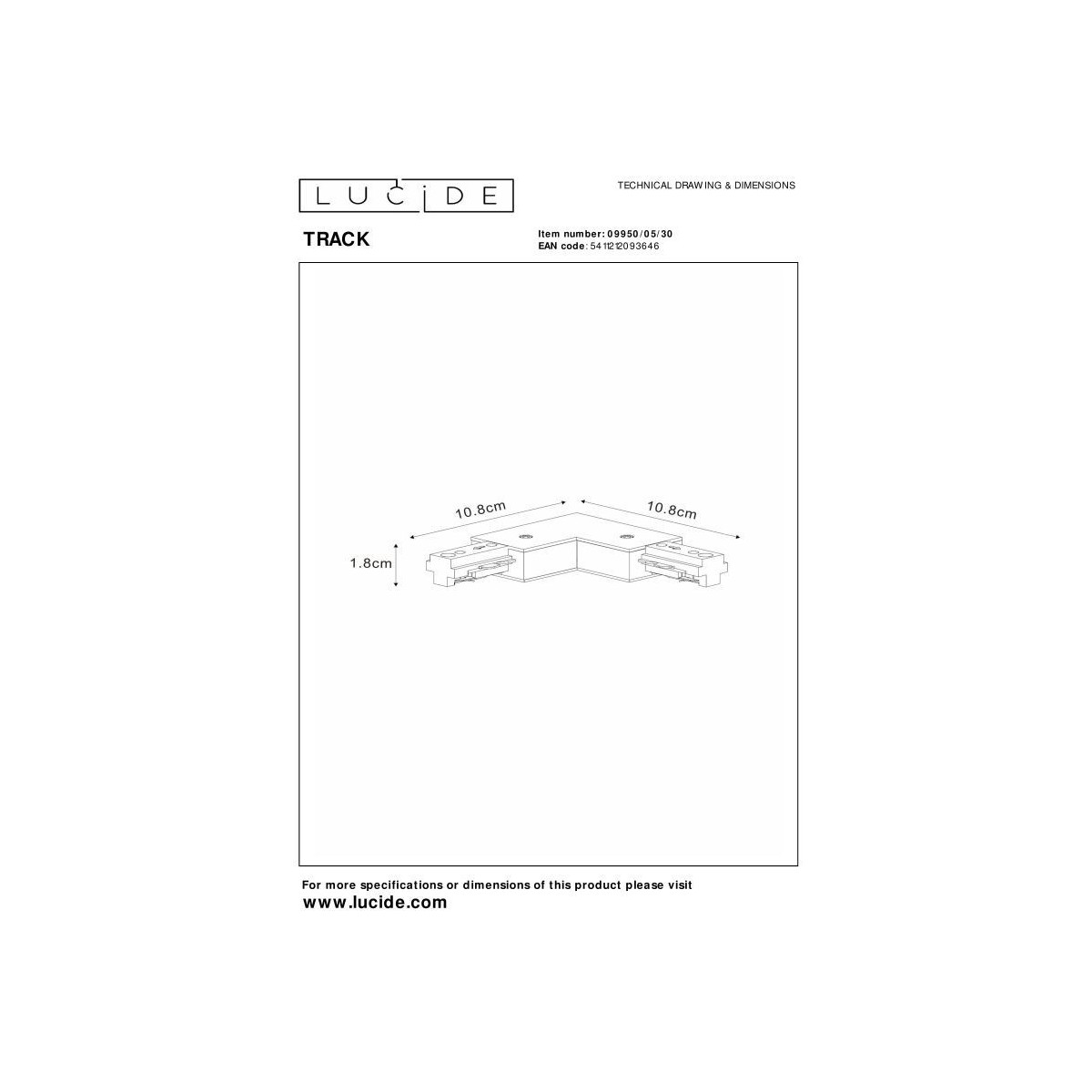 Lucide 09950/05/30 Łącznik L TRACK - 1-obwodowy System oświetlenia szynowego - Lewy - Czarny (przedłużenie)