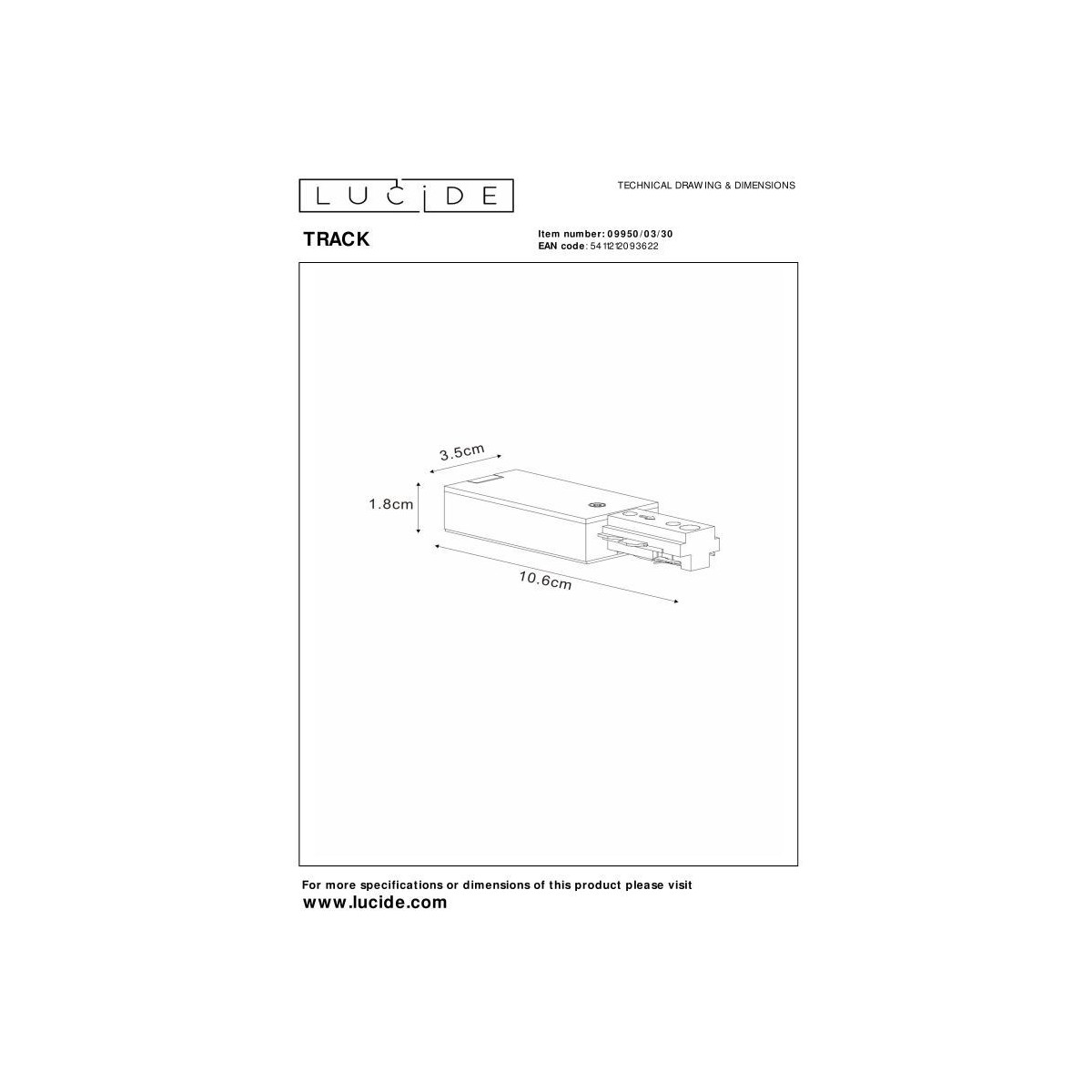 Lucide 09950/03/30 Zasilacz TRACK - 1-obwodowy System oświetlenia szynowego - Pojedynczy - Czarny (rozszerzenie)