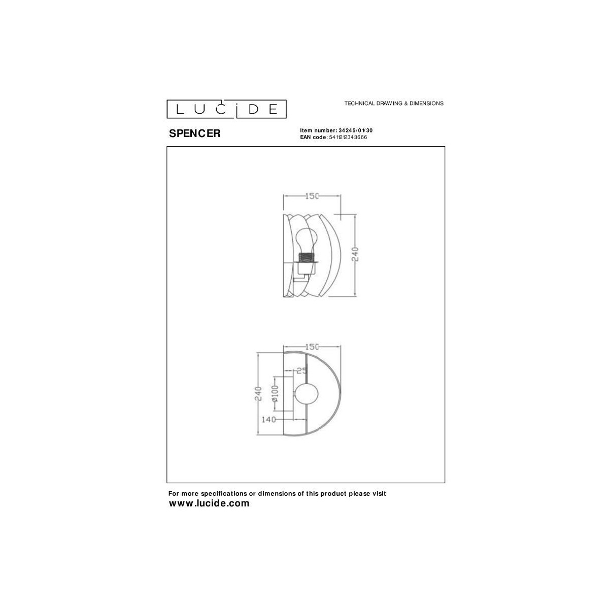 Lucide 34245/01/30 SPENCER - Kinkiet - 1xE27 - Czarny