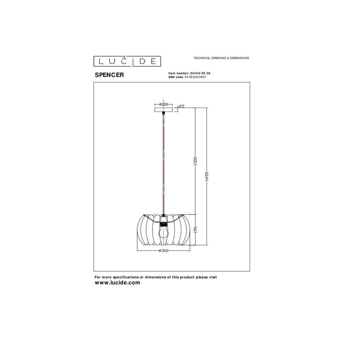 Lucide 34445/30/36 SPENCER - Lampa wisząca - 30 cm - 1xE27 - Szara