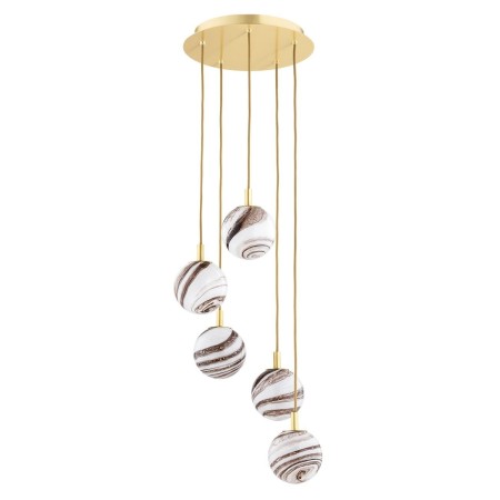 lampa wisząca 5 pł. ARUBA kolor biało-brązowy (marmurek), mosiądz szczotkowany polskiej manufaktury Argon