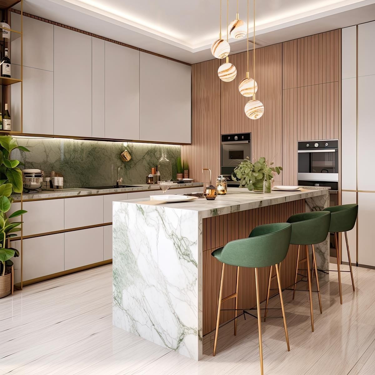 lampa wisząca 5 pł. ARUBA kolor biało-brązowy (marmurek), mosiądz szczotkowany polskiej manufaktury Argon