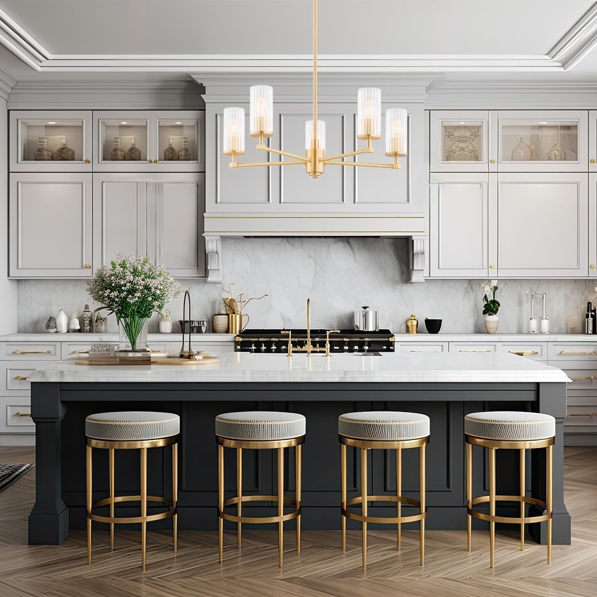 żyrandol 5 pł. HAMPTON kolor transparentny (ryflowany), mosiądz szczotkowany polskiej manufaktury Argon