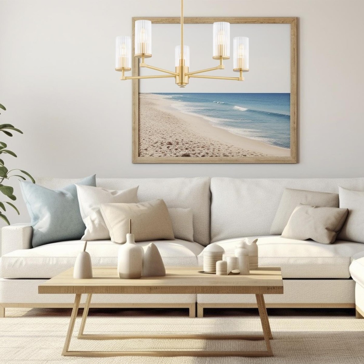 żyrandol 5 pł. HAMPTON kolor transparentny (ryflowany), mosiądz szczotkowany polskiej manufaktury Argon