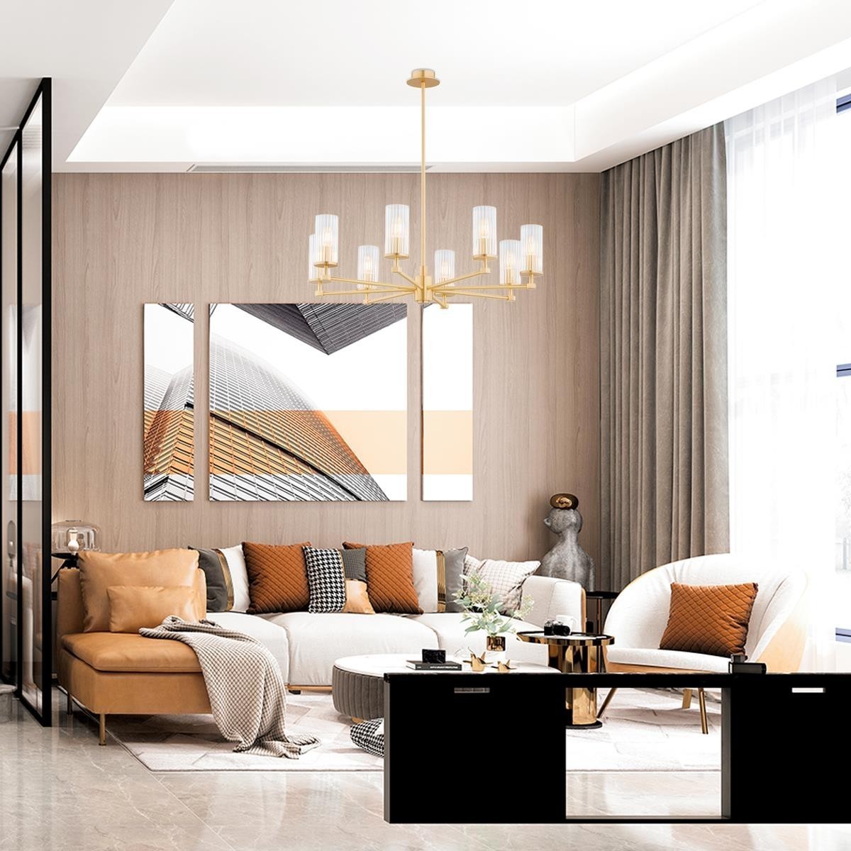 żyrandol 8 pł. HAMPTON kolor transparentny (ryflowany), mosiądz szczotkowany polskiej manufaktury Argon