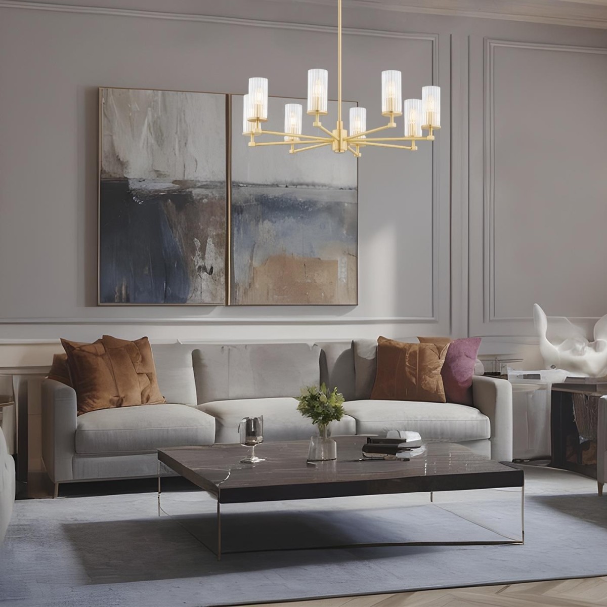 żyrandol 8 pł. HAMPTON kolor transparentny (ryflowany), mosiądz szczotkowany polskiej manufaktury Argon