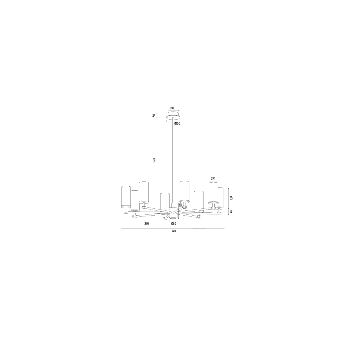 żyrandol 8 pł. HAMPTON kolor transparentny (ryflowany), mosiądz szczotkowany polskiej manufaktury Argon