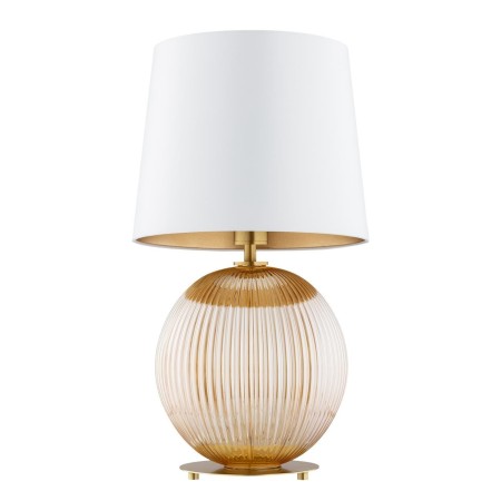 lampa stołowa 1 pł. HAMILTON kolor kremowy (złoty środek), miodowy lister, mosiądz szczotkowany polskiej manufaktury Argon