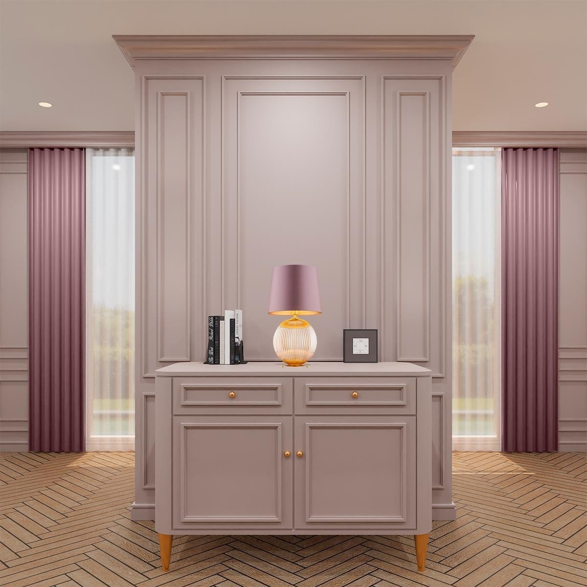 lampa stołowa 1 pł. HAMILTON kolor brudny róż (złoty środek), miodowy lister, mosiądz szczotkowany polskiej manufaktury Argon