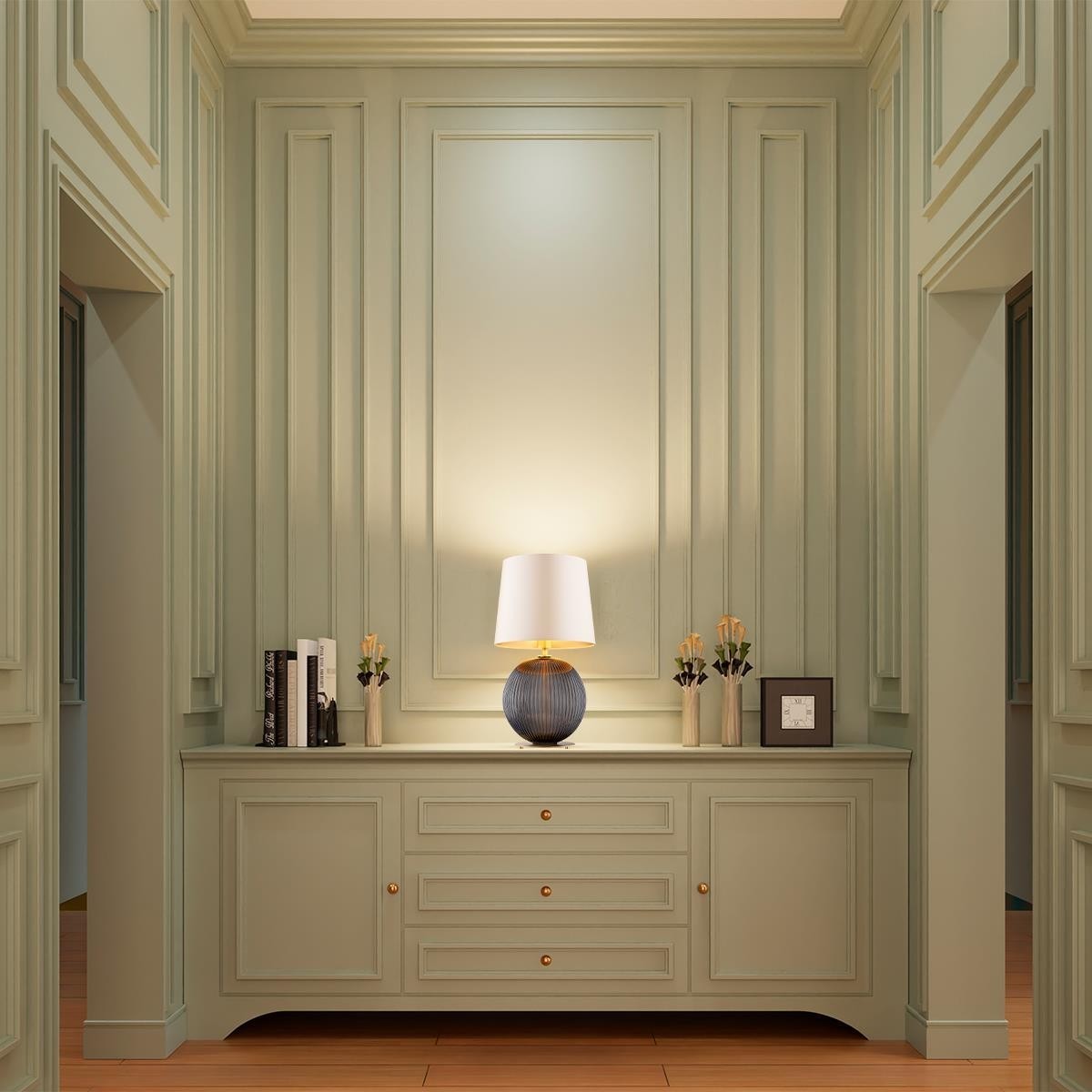 lampa stołowa 1 pł. HAMILTON kolor beżowy (złoty środek), dymny, mosiądz szczotkowany polskiej manufaktury Argon