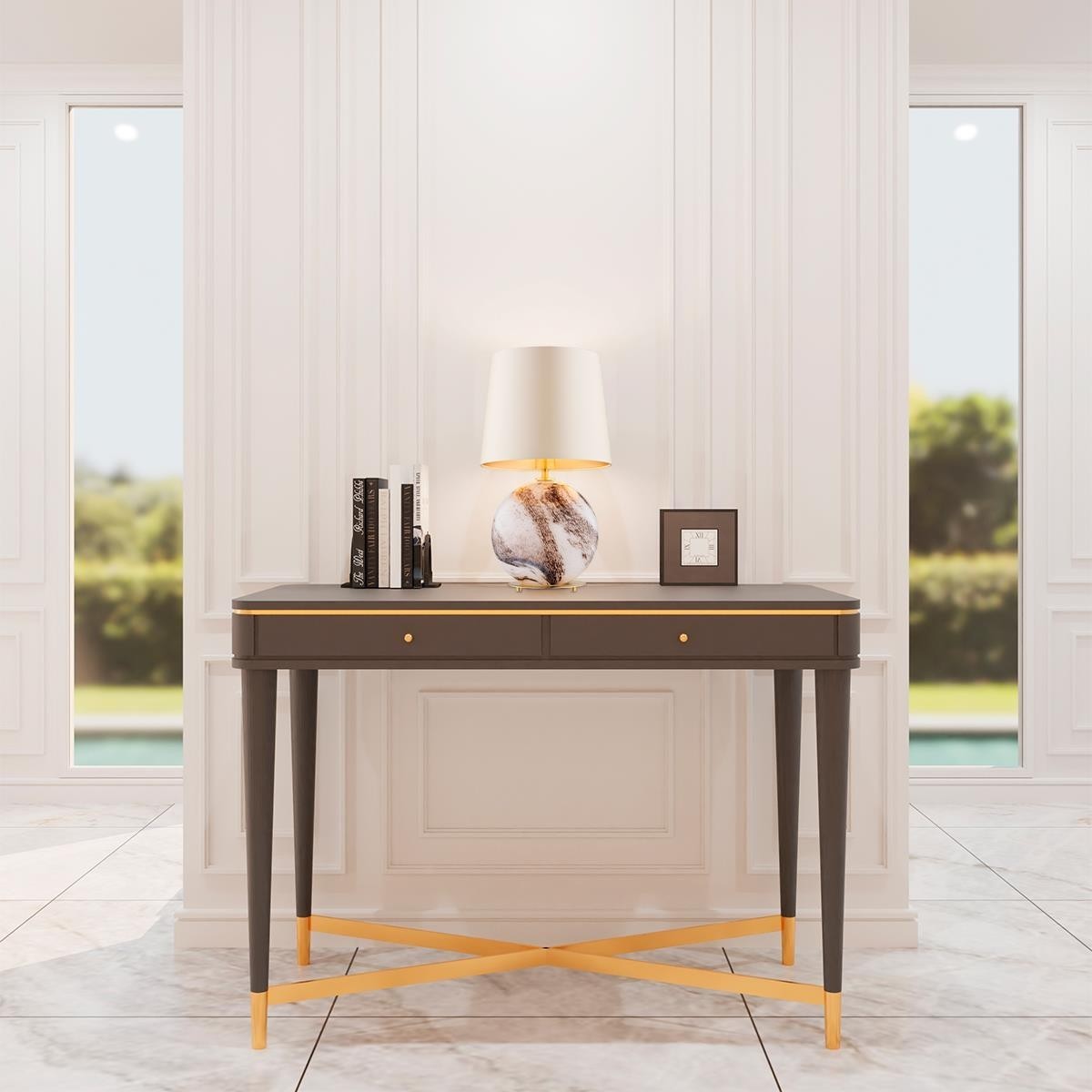 lampa stołowa 1 pł. HARLEM kolor beżowy (złoty środek), biało-brązowy marmurek, mosiądz szczotkowany polskiej manufaktury Argon