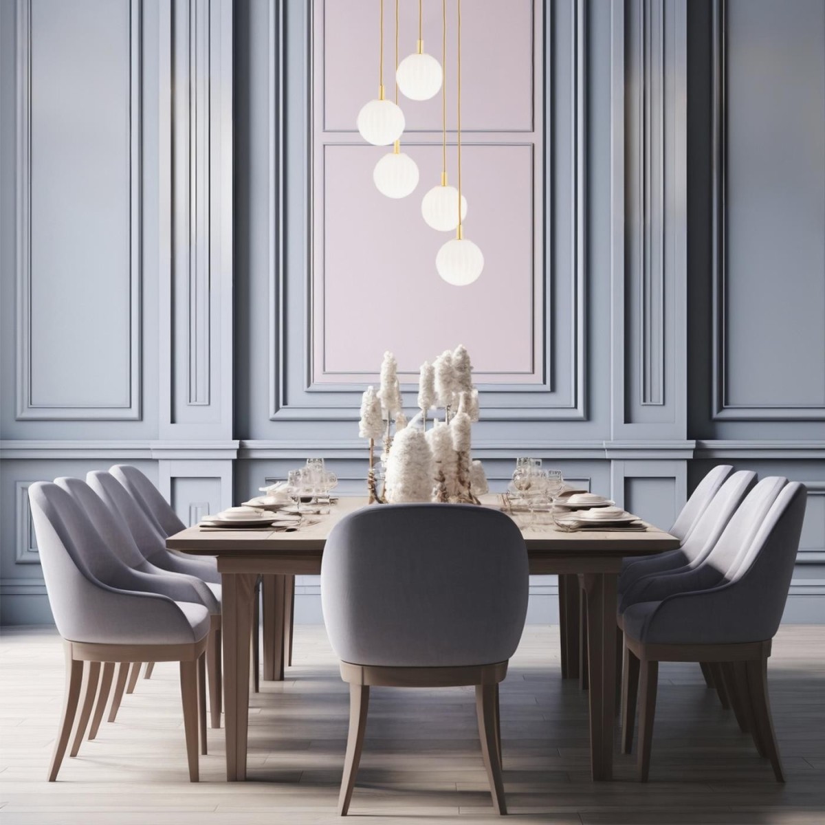 lampa wisząca 5 pł. PALOMA kolor opal mat (ryflowany), mosiądz szczotkowany polskiej manufaktury Argon