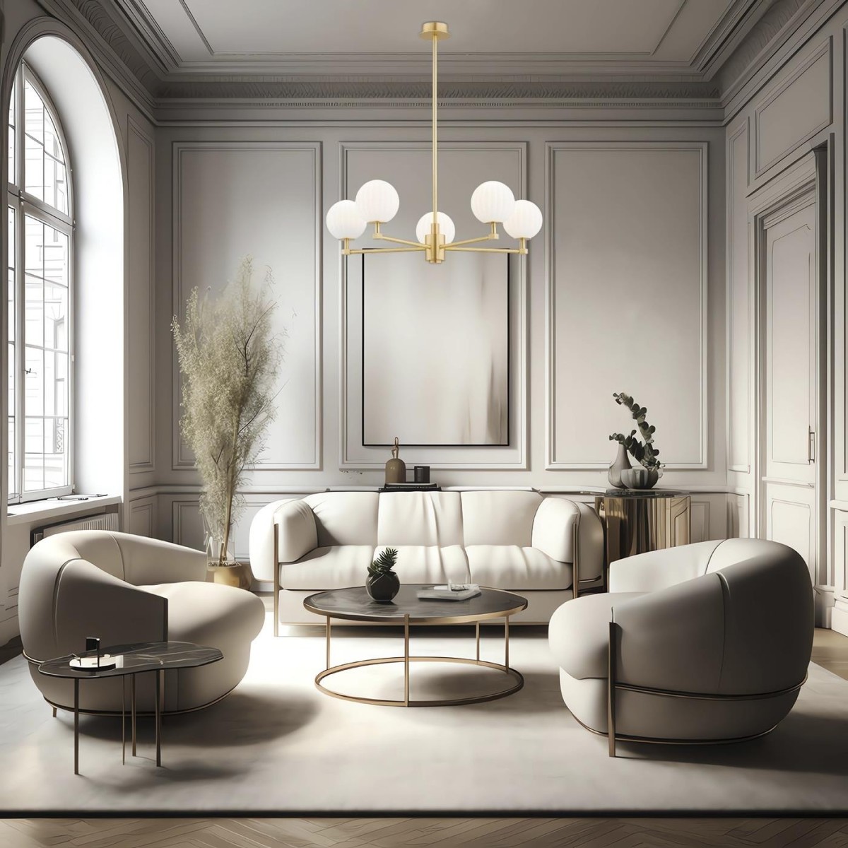 żyrandol 5 pł. PALOMA kolor opal mat (ryflowany), mosiądz szczotkowany polskiej manufaktury Argon