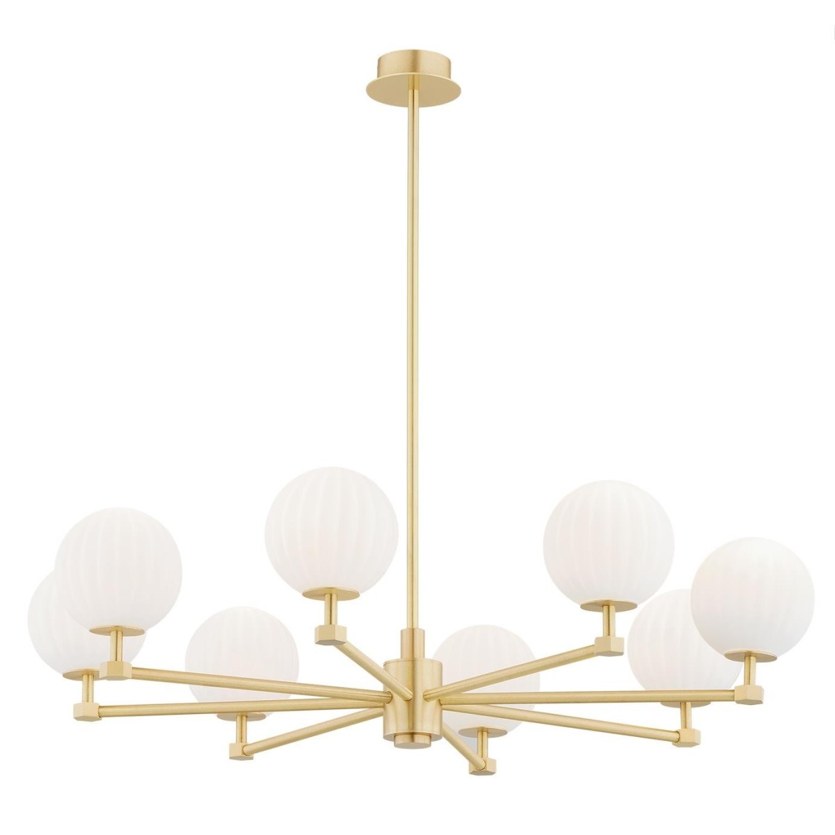 żyrandol 8 pł. PALOMA kolor opal mat (ryflowany), mosiądz szczotkowany polskiej manufaktury Argon