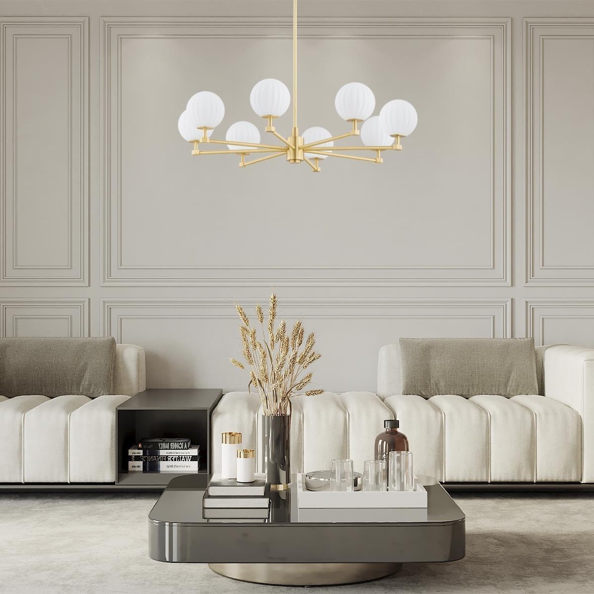 żyrandol 8 pł. PALOMA kolor opal mat (ryflowany), mosiądz szczotkowany polskiej manufaktury Argon