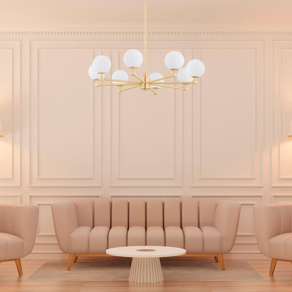 żyrandol 8 pł. PALOMA kolor opal mat (ryflowany), mosiądz szczotkowany polskiej manufaktury Argon