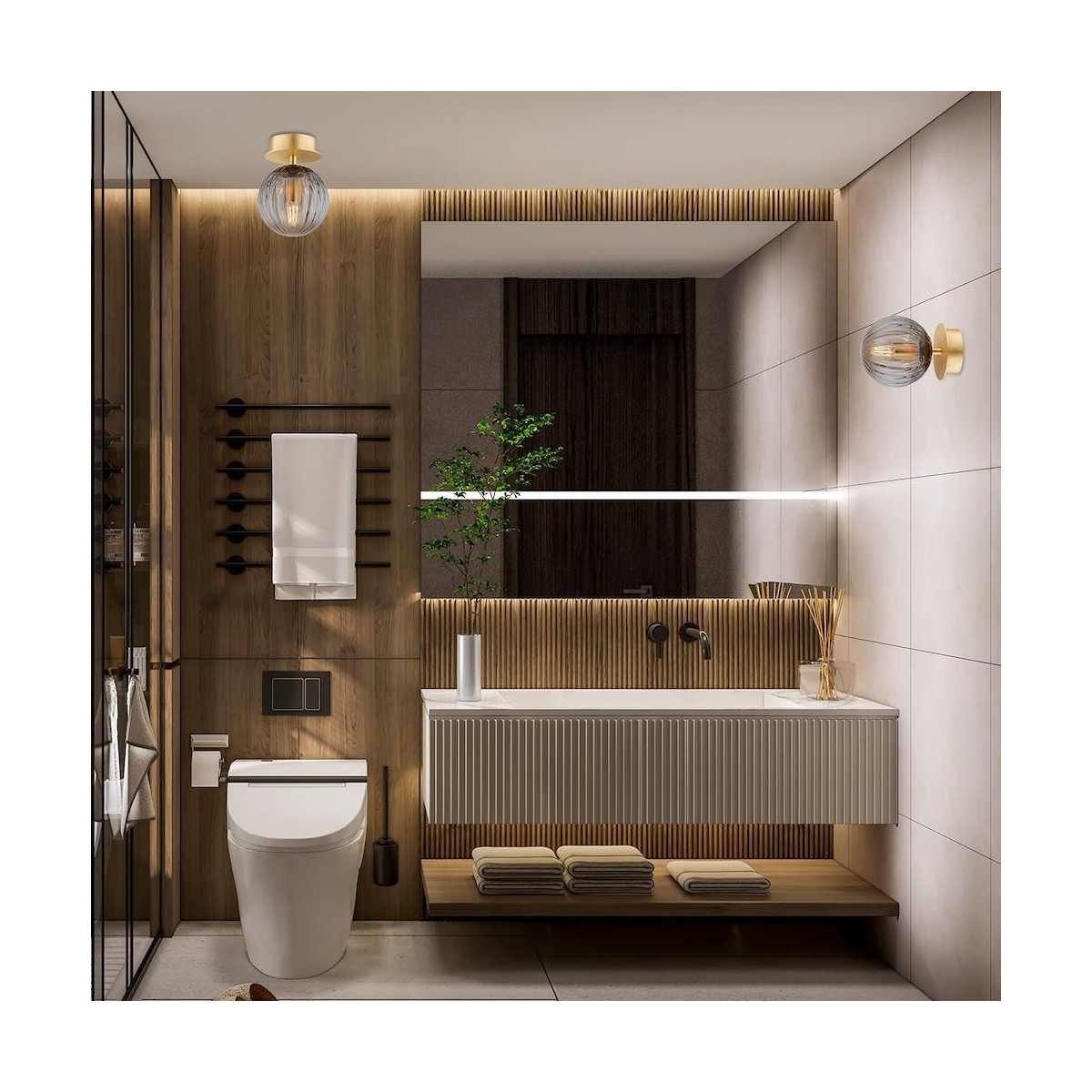 kinkiet / plafon 1 pł., mniejszy PALOMA kolor dymny (ryflowane), mosiądz szczotkowany polskiej manufaktury Argon