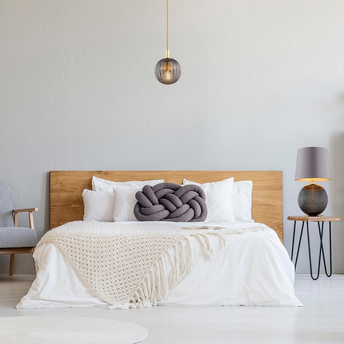 lampa wisząca 1 pł., mniejsza PALOMA kolor dymny (ryflowane), mosiądz szczotkowany polskiej manufaktury Argon