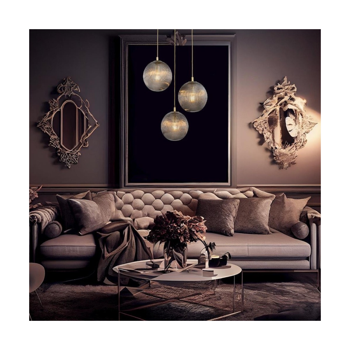 lampa wisząca 3 pł. PALOMA kolor dymny (ryflowane), mosiądz szczotkowany polskiej manufaktury Argon