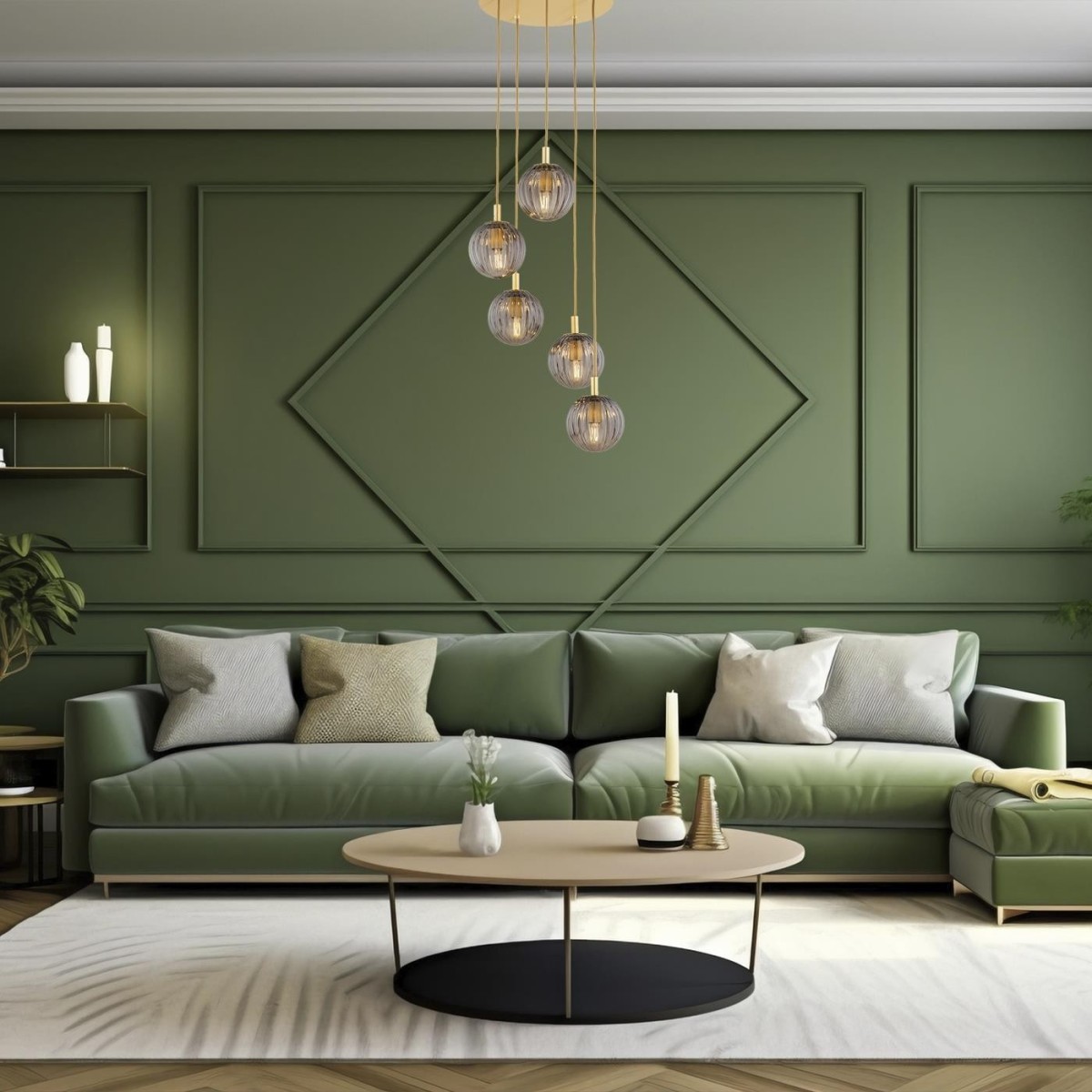 lampa wisząca 5 pł. PALOMA kolor dymny (ryflowane), mosiądz szczotkowany polskiej manufaktury Argon