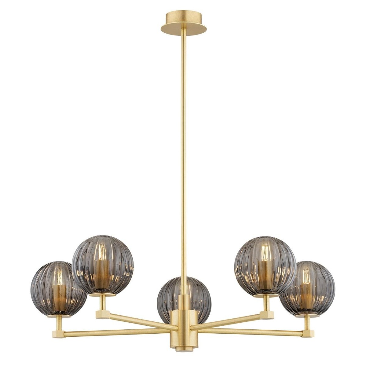 żyrandol 5 pł. PALOMA kolor dymny (ryflowane), mosiądz szczotkowany polskiej manufaktury Argon