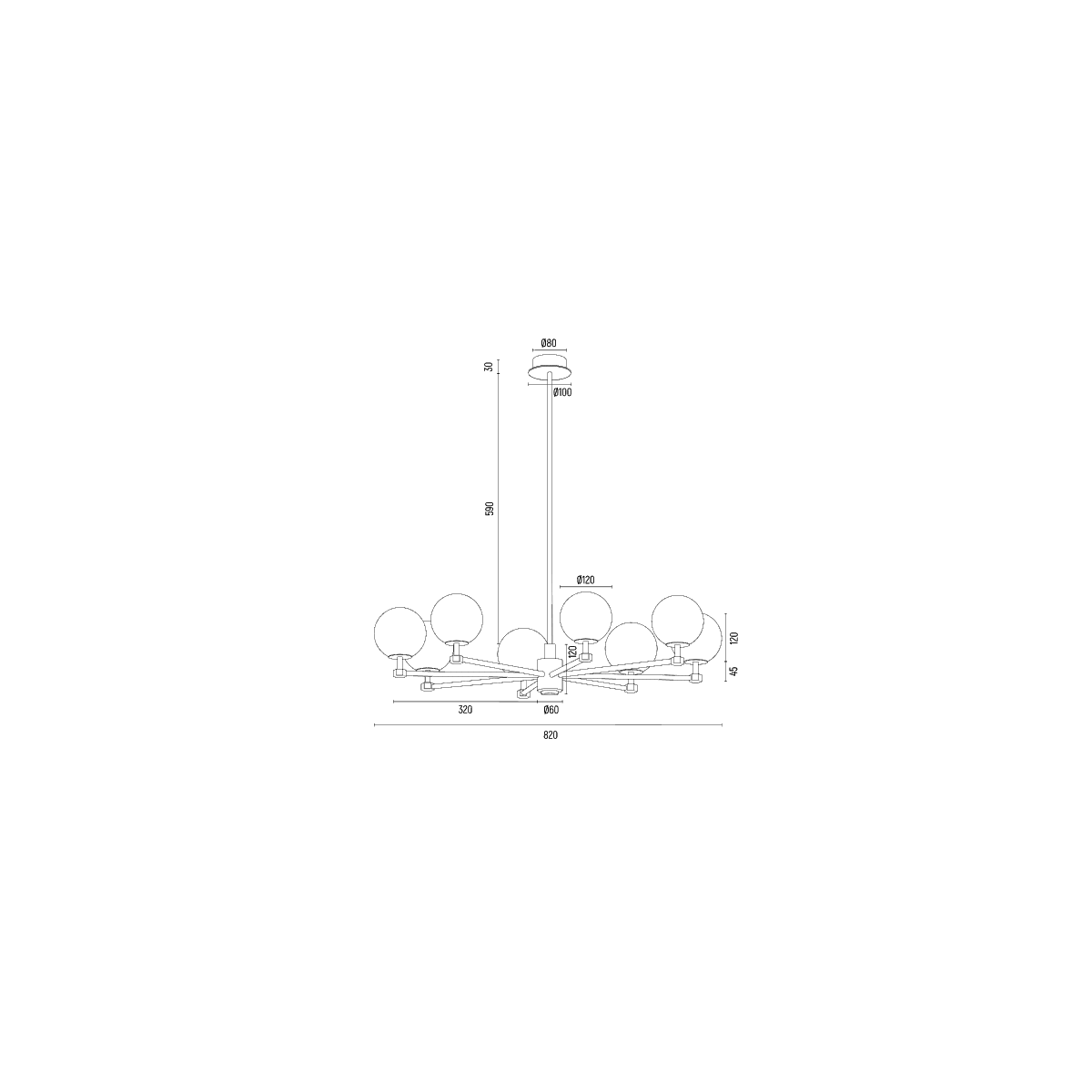 żyrandol 8 pł. PALOMA kolor dymny (ryflowane), mosiądz szczotkowany polskiej manufaktury Argon