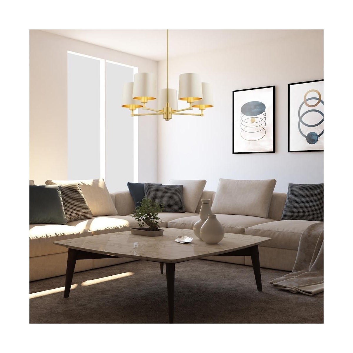 żyrandol 5 pł. PRINCETON kolor beżowy (złoty środek), mosiądz szczotkowany polskiej manufaktury Argon