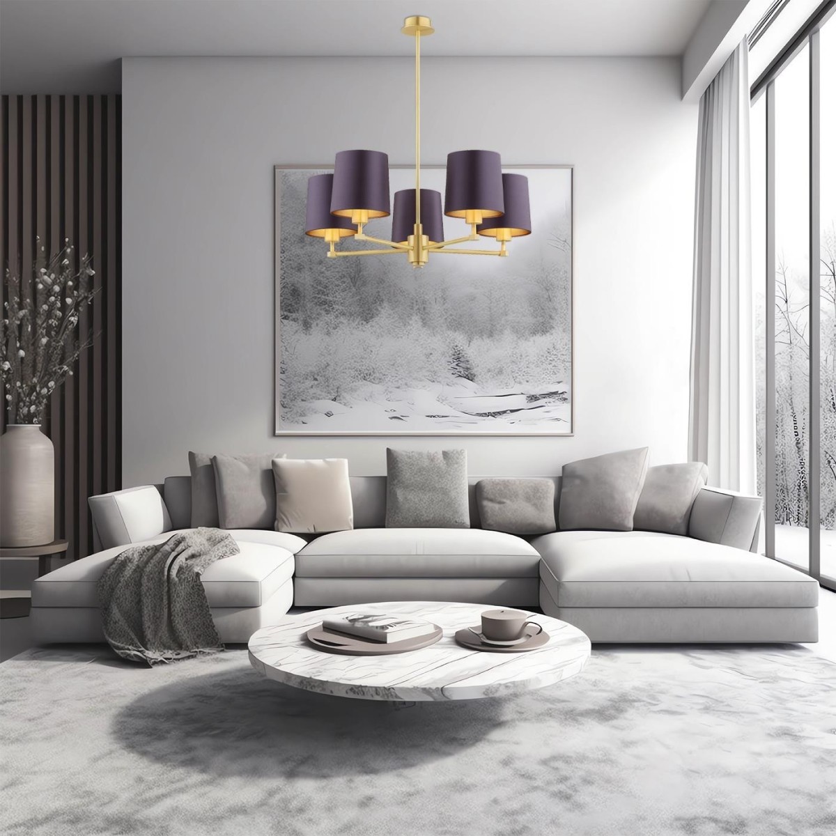 żyrandol 5 pł. PRINCETON kolor fioletowy-śliwkowy (złoty środek), mosiądz szczotkowany polskiej manufaktury Argon