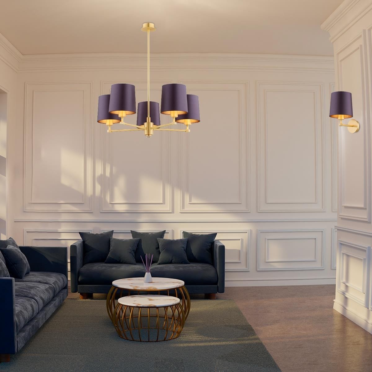 żyrandol 5 pł. PRINCETON kolor fioletowy-śliwkowy (złoty środek), mosiądz szczotkowany polskiej manufaktury Argon