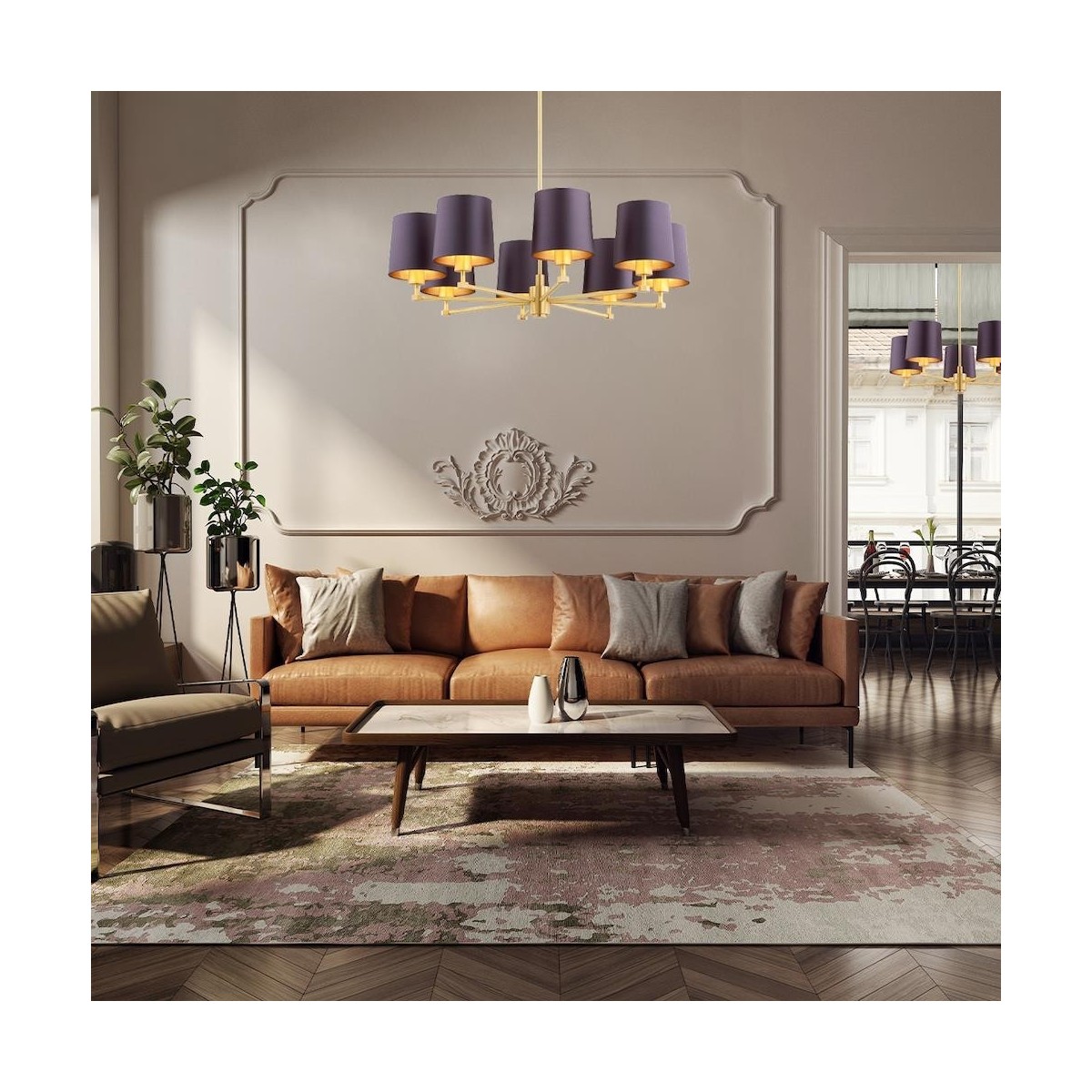 żyrandol 8 pł. PRINCETON kolor fioletowy-śliwkowy (złoty środek), mosiądz szczotkowany polskiej manufaktury Argon
