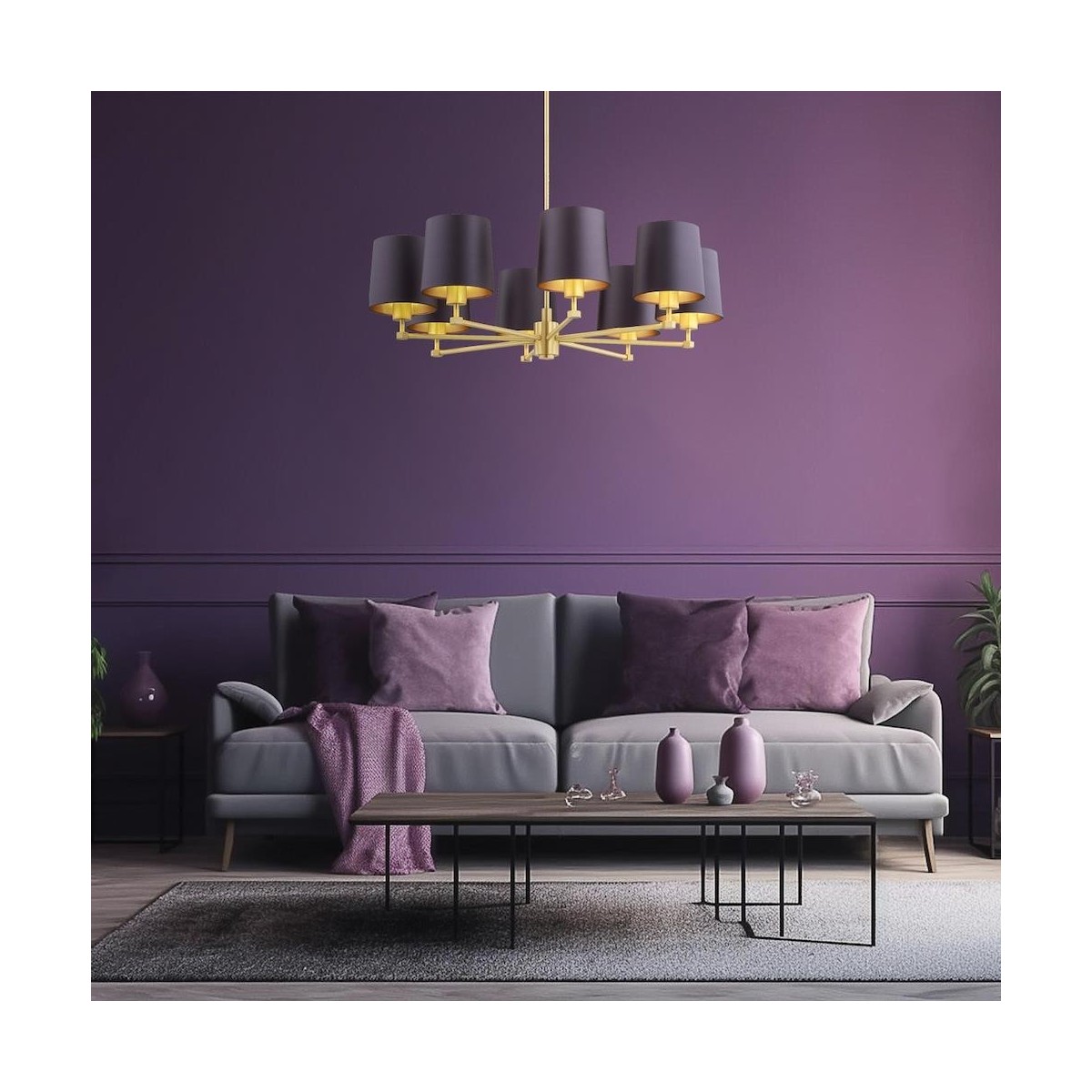 żyrandol 8 pł. PRINCETON kolor fioletowy-śliwkowy (złoty środek), mosiądz szczotkowany polskiej manufaktury Argon
