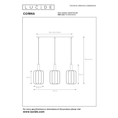 Lucide 03447/03/38 CORINA - Lampa wisząca - 3xE27 - Kremowa