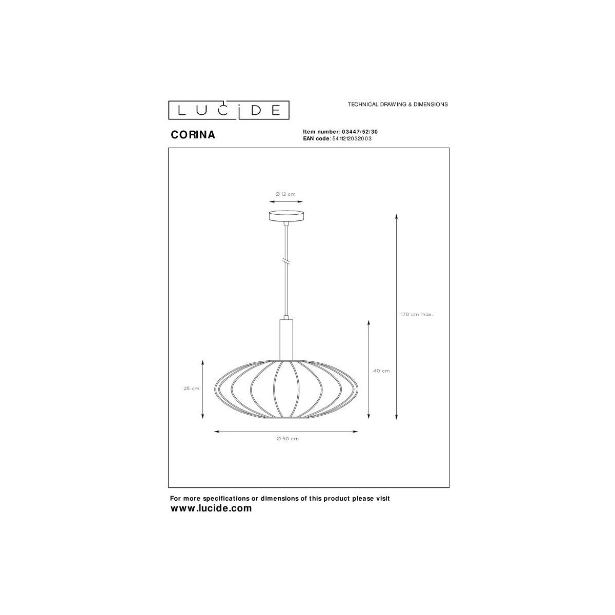 Lucide 03447/52/30 CORINA - Lampa wisząca - 50 cm - 1xE27 - Czarna
