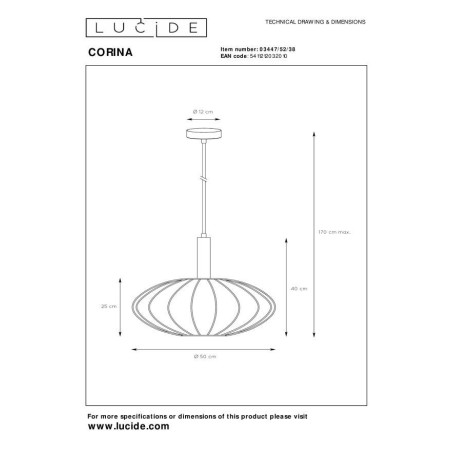 Lucide 03447/52/38 CORINA - Lampa wisząca - 50 cm - 1xE27 - Kremowa
