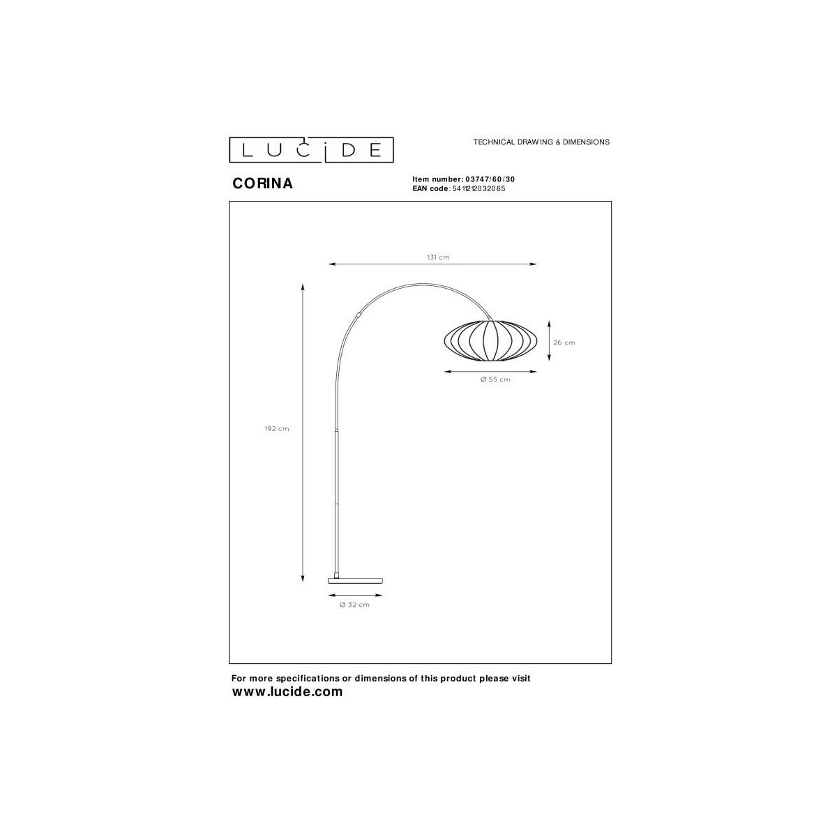 Lucide 03747/60/30 CORINA - Lampa podłogowa łukowa - 1xE27 - Czarna