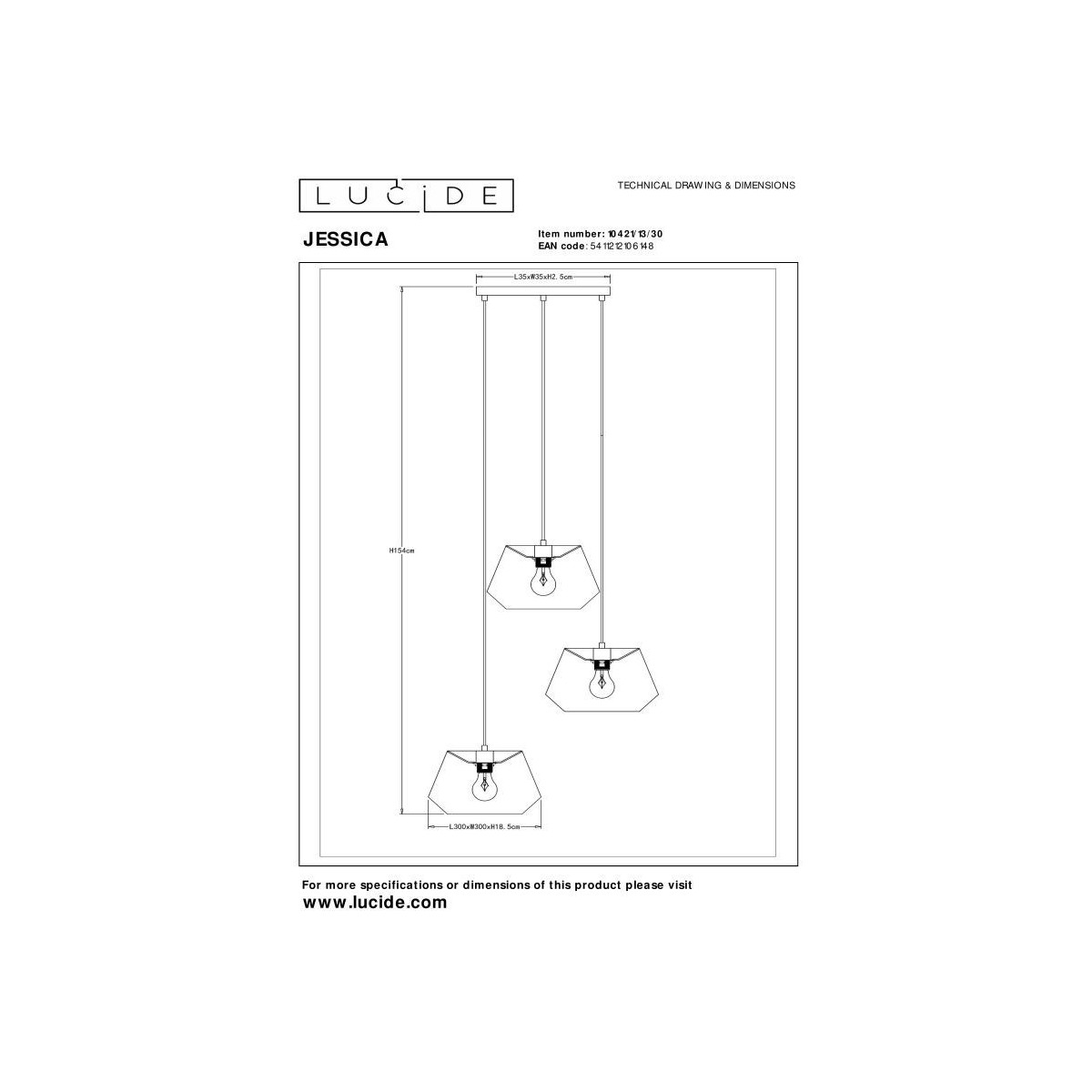 Lucide 10421/13/30 JESSICA - Lampa wisząca - 35.5 cm - 3xE27 - Czarna