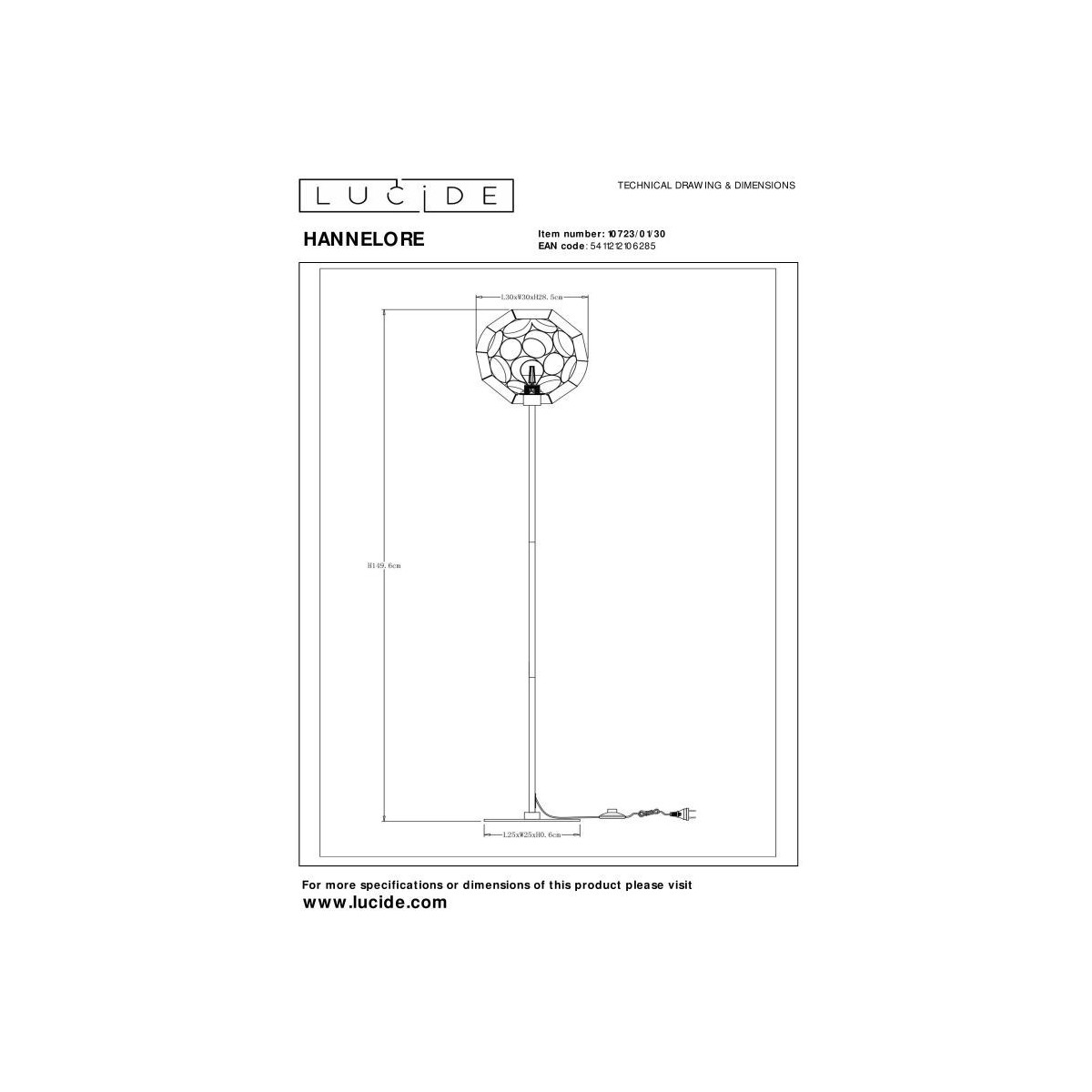 Lucide 10723/01/30 HANNELORE - Lampa podłogowa - 30 cm - 1xE27 - Czarna