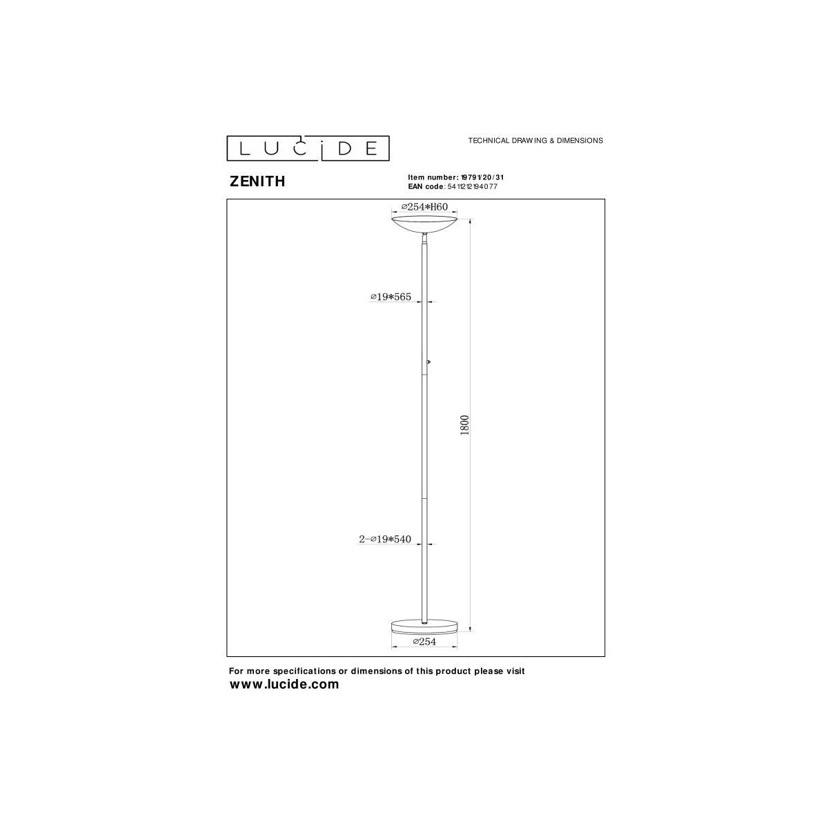 Lucide 19791/20/31 ZENITH - Lampa podłogowa - LED ściemnialna - 1x20W 3000K - biała