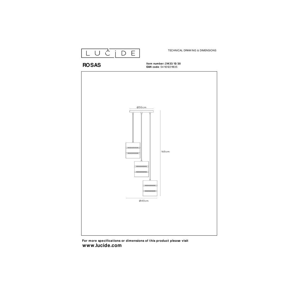 Lucide 21433/13/30 ROSAS - Lampa wisząca - 43 cm - 3xE27 - Czarna