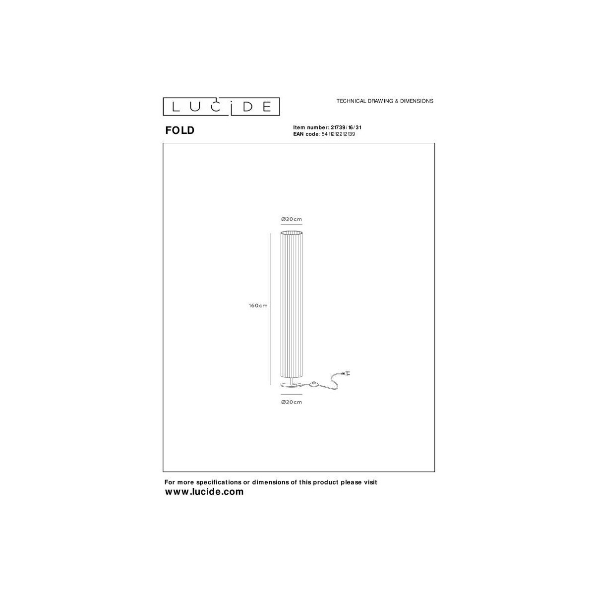 Lucide 21739/16/31 FOLD - Lampa podłogowa - 20 cm - 3xE27 - Biała